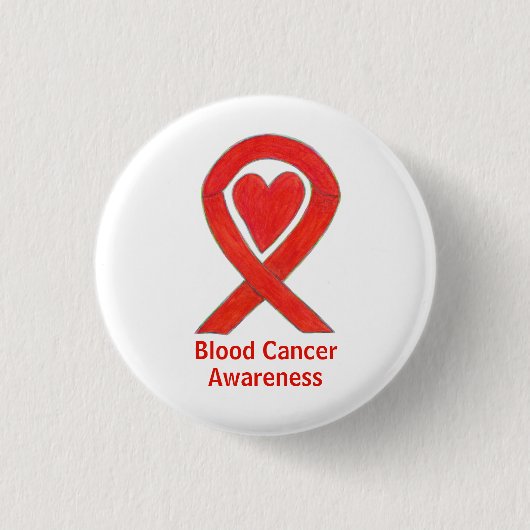 血液がん赤いハート認識度リボンピン 缶バッジ (正面)