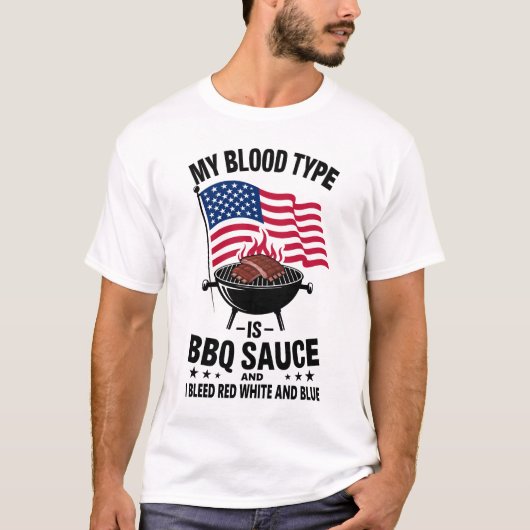 血液型BBQソース赤白青7月4日 Tシャツ (正面)