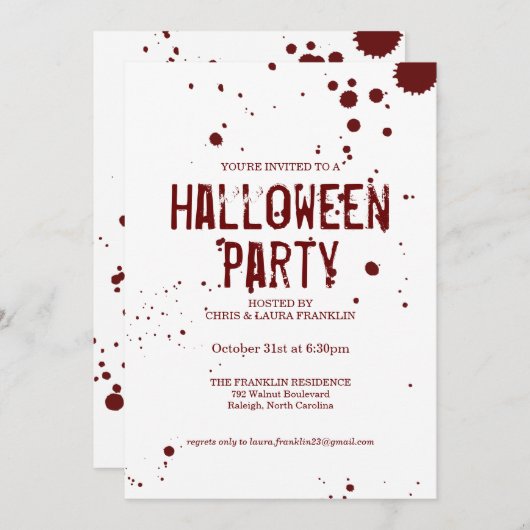 血液（ばちゃばちゃ）跳ねる不気味ハローウィンパーティ招待状 招待状 (正面/裏面)