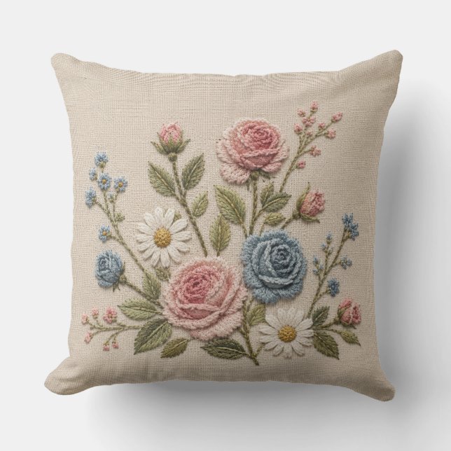 血色と青の刺繍バラ アウトドアクッション (正面)