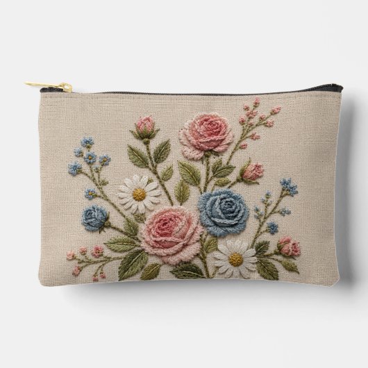 血色と青の刺繍バラ アクセサリーポーチ (正面)