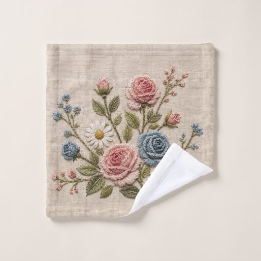 血色と青の刺繍バラ ウォッシュタオル (ウォッシュタオル)