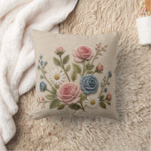 血色と青の刺繍バラ クッション (ブランケット)