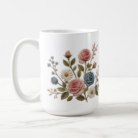 血色と青の刺繍バラ コーヒーマグカップ (左)