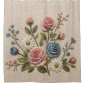 血色と青の刺繍バラ シャワーカーテン (正面)