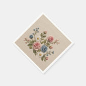 血色と青の刺繍バラ スタンダードカクテルナプキン (角)