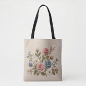 血色と青の刺繍バラ トートバッグ (正面)