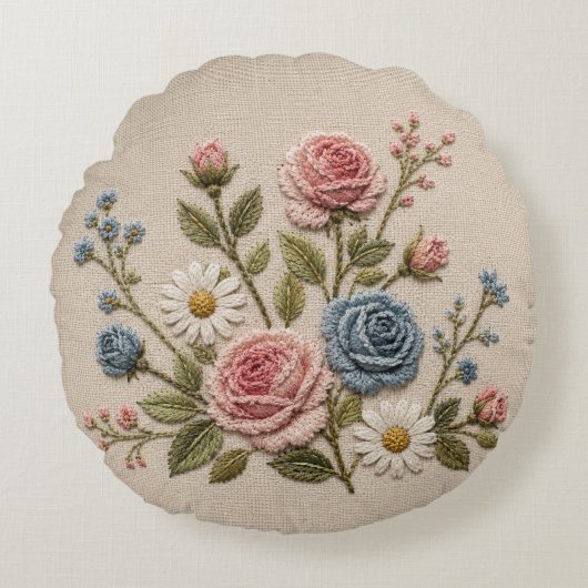 血色と青の刺繍バラ ラウンドクッション (正面)