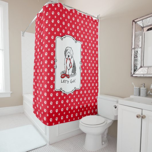 行おもしろいくぞ！古い英語シェプドッグを歩く（グレー1） シャワーカーテン (インサイチュ)