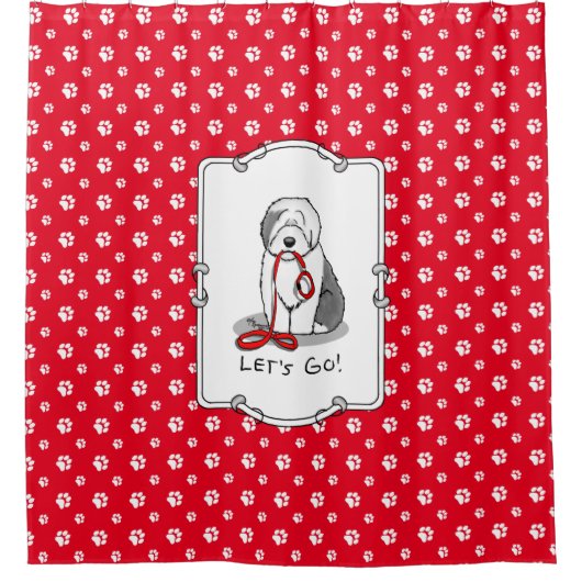 行おもしろいくぞ！古い英語シェプドッグを歩く（グレー1） シャワーカーテン (正面)