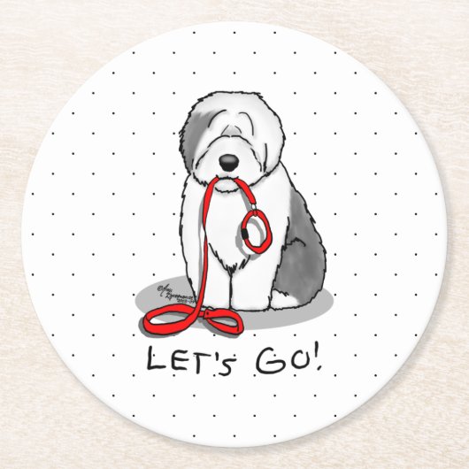 行おもしろいくぞ!古い英語シェプドッグを歩く(グレー1) ラウンドペーパーコースター (正面)