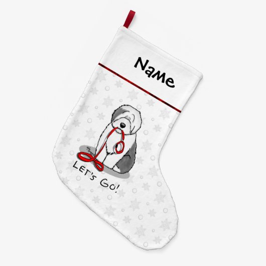 行おもしろいくぞ!古い英語シェプドッグを歩く(グレー1) ラージクリスマスストッキング (正面 (吊り時))