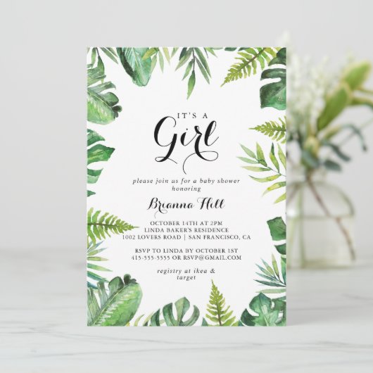 行き先トロピカルグリーン女の子ベビーシャワー 招待状 (スタンド正面)