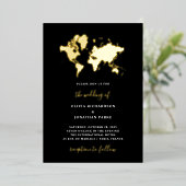 行き先結婚式 | ブラックワールドエレガントマップ金ゴールド 箔招待状 (立ち正面)
