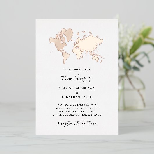 行き先結婚式 |ワーエレガントルドマップバラ金ゴールド 箔招待状 (立ち正面)