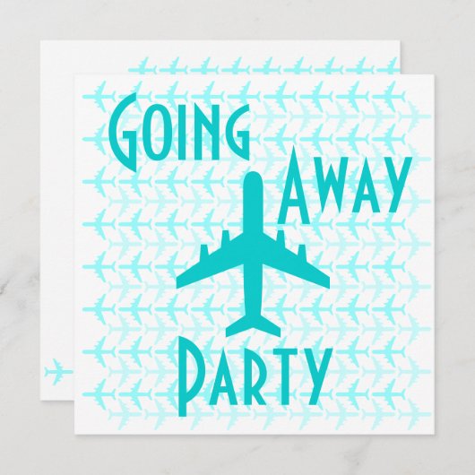 行き先遠くにパーティの招待状カード飛行機ティール（緑がかった色） 招待状 (正面/裏面)
