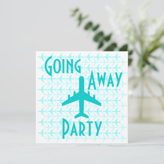 行き先遠くにパーティの招待状カード飛行機ティール（緑がかった色） 招待状 (スタンド正面)