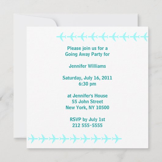 行き先遠くにパーティの招待状カード飛行機ティール（緑がかった色） 招待状 (裏面)