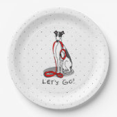 行くぞ!(ウォーク)グレイハウンドッグ(白黒) おもしろい ペーパープレート (正面)