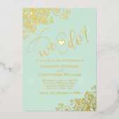 行くぞ！キュイモダンズ結婚ミントグリーン&金ゴールド 箔招待状 (正面)