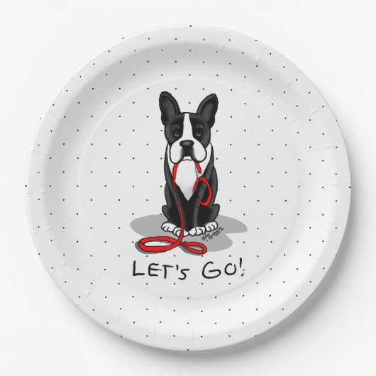 行くぞ！ボストンテリア（黒）おもしろい犬 ペーパープレート (正面)