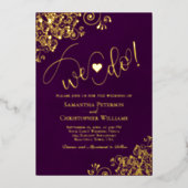 行くぞ！可愛モダンい結婚梅の紫&金ゴールド 箔招待状 (正面)