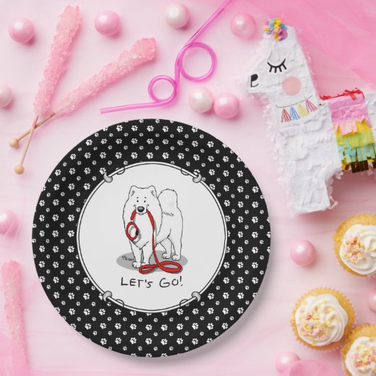 行くぞ！（散歩のために）サモアイw赤いリーシュおもしろい ペーパープレート (パーティー)