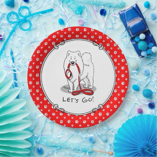 行くぞ！（散歩のために）サモアイw赤いリーシュおもしろい ペーパープレート (パーティー)