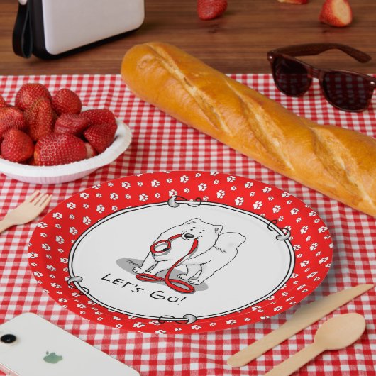 行くぞ！（散歩のために）サモアイw赤いリーシュおもしろい ペーパープレート (ピクニック)