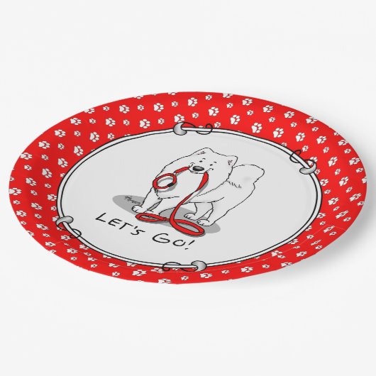 行くぞ!(散歩のために)サモアイw赤いリーシュおもしろい ペーパープレート (アングル)