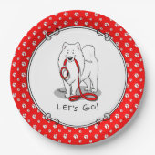 行くぞ！（散歩のために）サモアイw赤いリーシュおもしろい ペーパープレート (正面)
