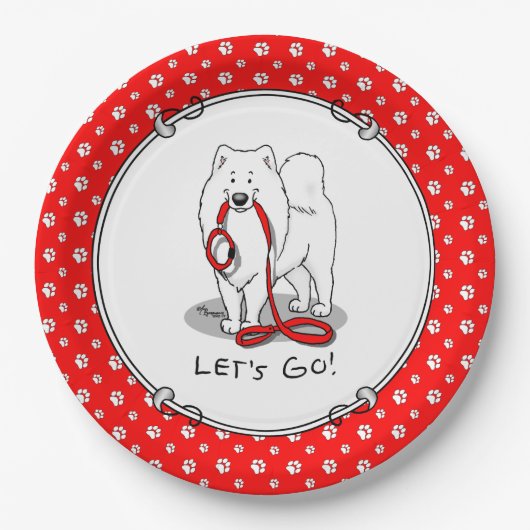 行くぞ!(散歩のために)サモアイw赤いリーシュおもしろい ペーパープレート (正面)
