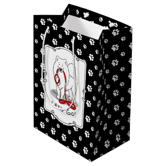 行くぞ！（散歩のために）サモアイw赤いリーシュおもしろい ミディアムペーパーバッグ (裏面アングル)