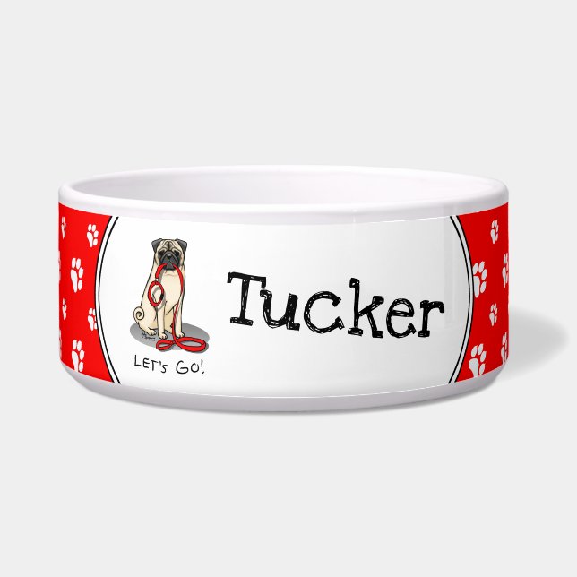 行くぞ！（歩く）パグ犬（淡い子鹿）カワイイ ボウル (正面)