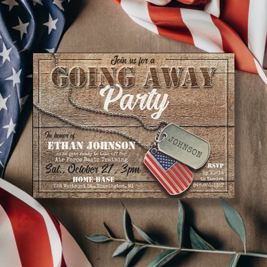 行く素朴パーティー遠くに軍隊犬タグ米国国旗 招待状