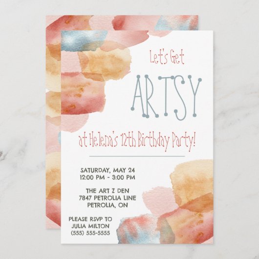 行こうアート!ウォーター絵を描カラー、アート誕生日 招待状 (正面/裏面)