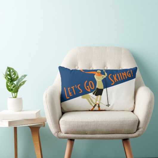 行こうスキー! ヴィンテージのデザインのスキーヤー ランバークッション (椅子)