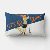 行こうスキー! ヴィンテージのデザインのスキーヤー ランバークッション (正面)