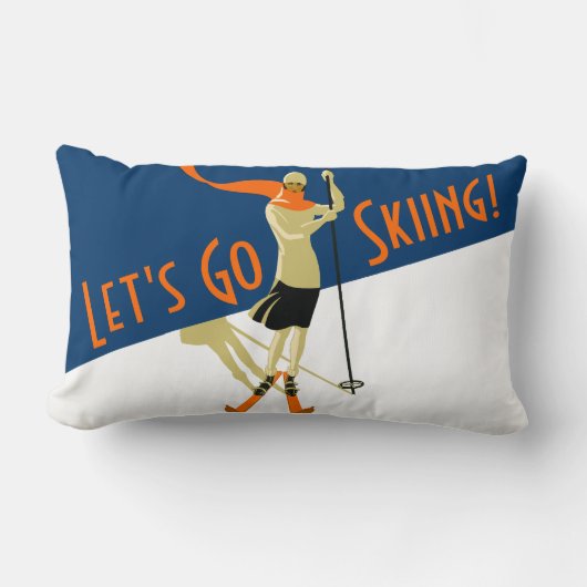 行こうスキー! ヴィンテージのデザインのスキーヤー ランバークッション (正面)