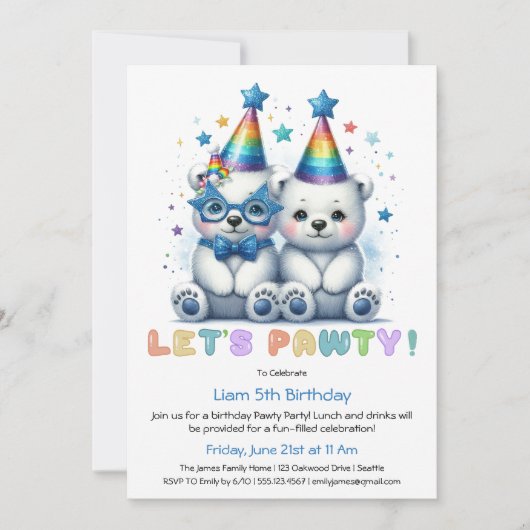 行こうパーティー!キュートポーラーベア誕生日招待 招待状 (正面)