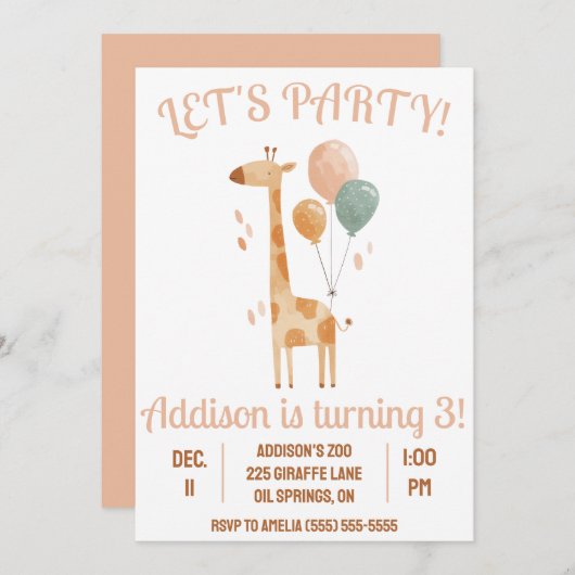 行こうパーティー!バルーン付きキリン誕生日パーティー 招待状 (正面/裏面)