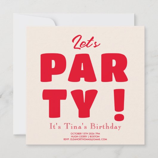 行こうパーティー!赤鮮やかはっきりしたタイポグラフィ 招待状 (正面)