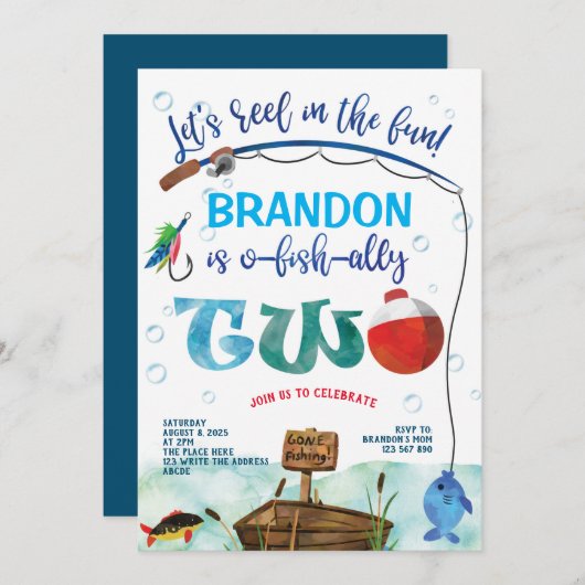行った魚釣り、O-fish-ally、2番目の誕生日魚釣り 招待状 (正面/裏面)