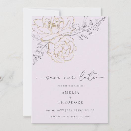 行エレガントフローラ薄紫結婚式日付の保存 招待状 (正面)