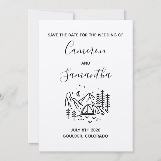 行モダン先キャンプ結婚式の日付を保存 セーブザデート (正面)