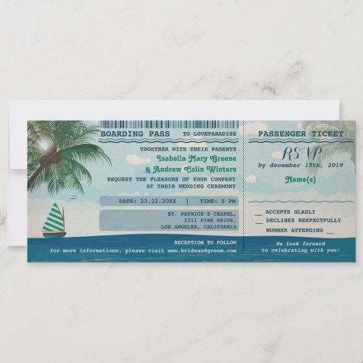 行先の結婚式招待状およびRSVP 招待状 (正面)