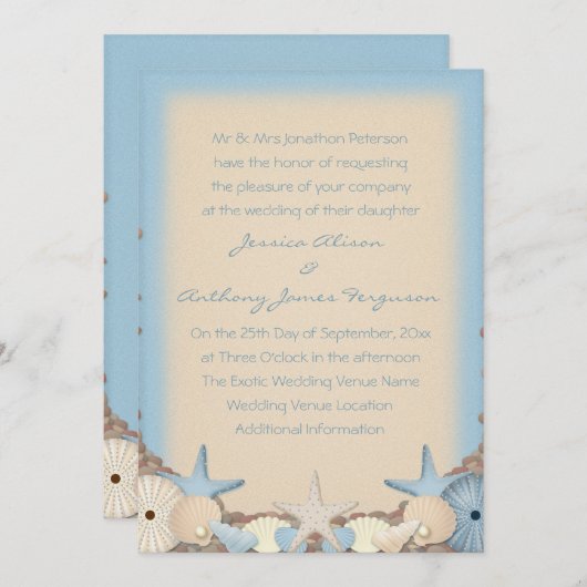 行先の結婚式招待状のビーチの貝 招待状 (正面/裏面)