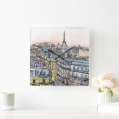 行先|の水彩画のエッフェル塔及びパリ スクエア壁時計 (ホーム)