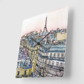 行先|の水彩画のエッフェル塔及びパリ スクエア壁時計 (傾斜)