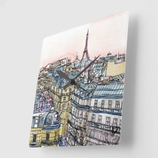 行先|の水彩画のエッフェル塔及びパリ スクエア壁時計 (傾斜)